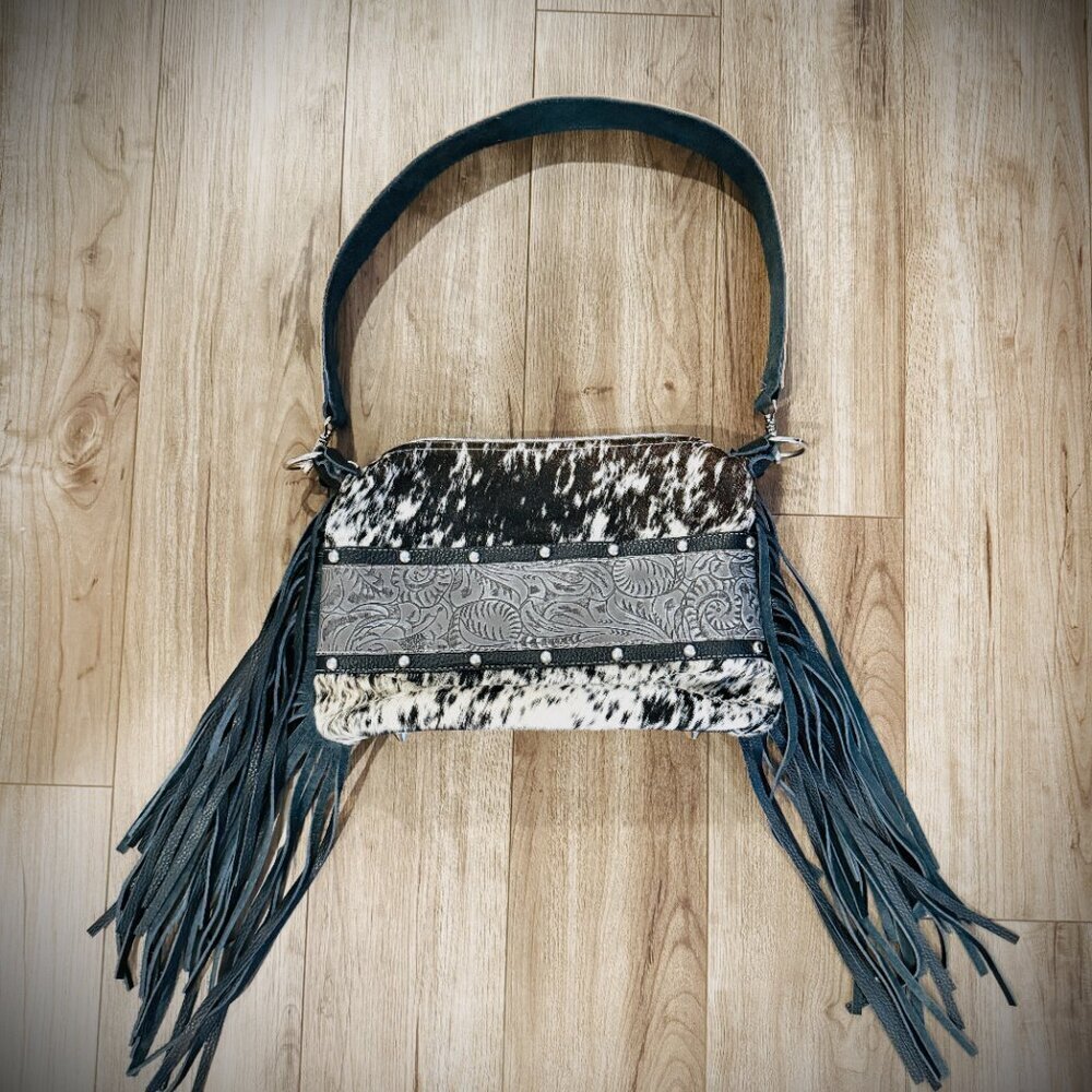 DCD “Annie” Shoulder Bag | Chocolate/White Hide + Lead Dallas Tool | Fringe - Picture 2 of 7